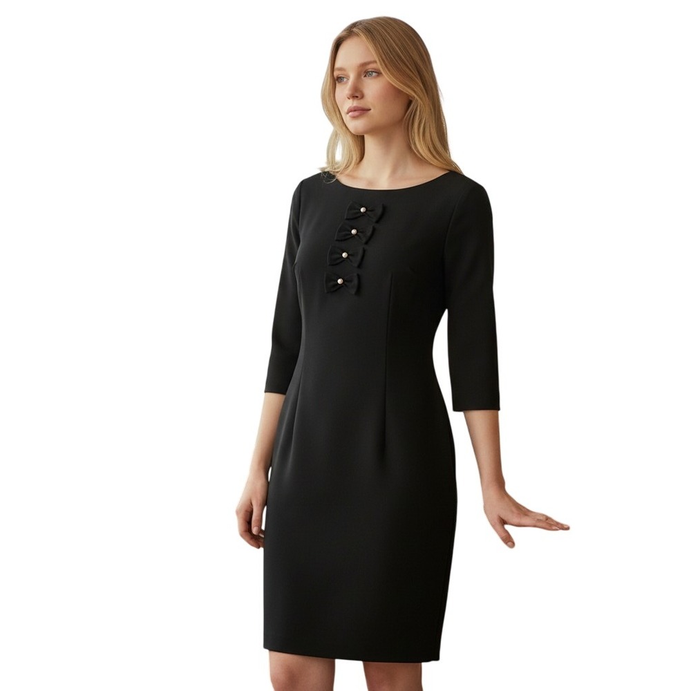 Talbots Limited Edition 2017 Black Bow Pearl Accent 3/4 Sleeve Sheath Dress 6